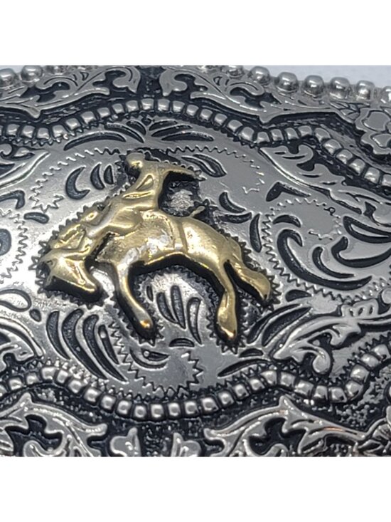 Vintage Larger Bronco Rider on a Floral Design Background  Western Belt Buckle With Gold-Tone Rodeo Horse & Rider Floral Design Bronco